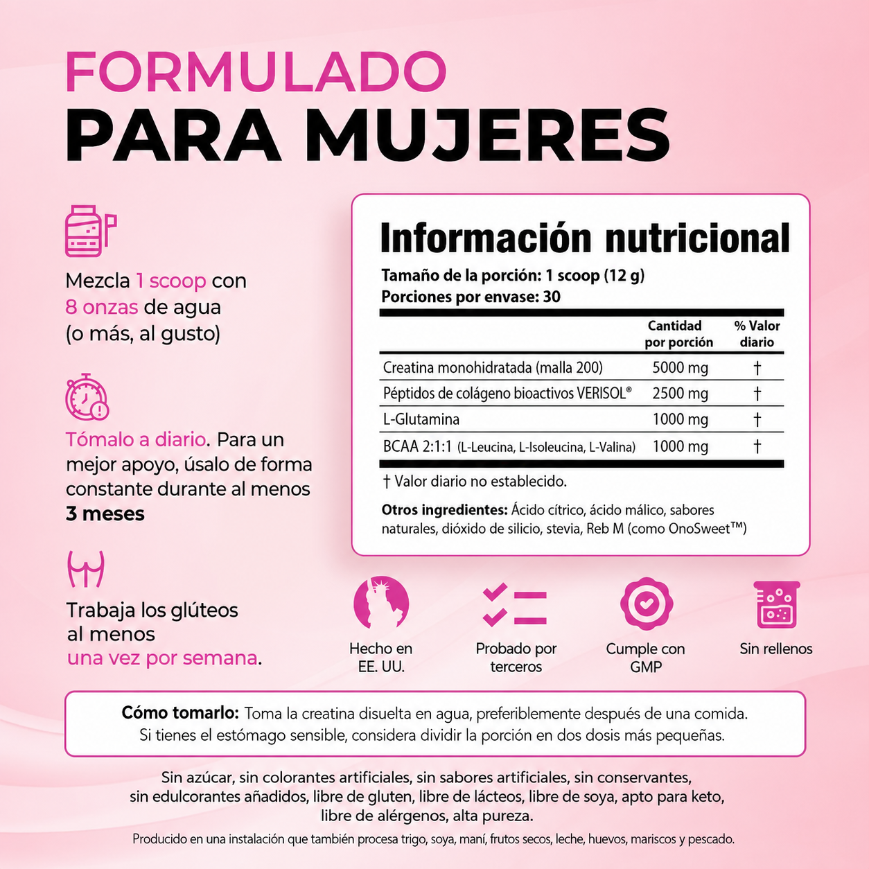 Bold Buns Creatina para mujeres – Suplemento de construcción de glúteos con colágeno y BCAA